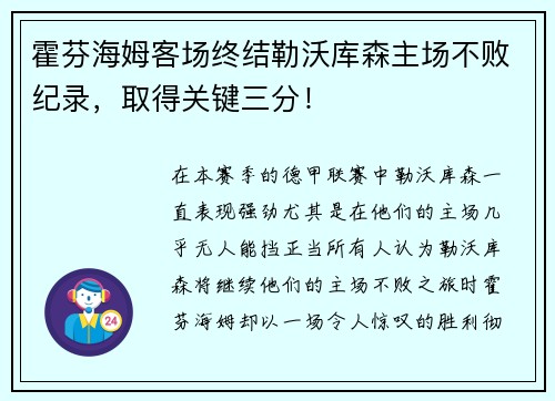 霍芬海姆客场终结勒沃库森主场不败纪录，取得关键三分！